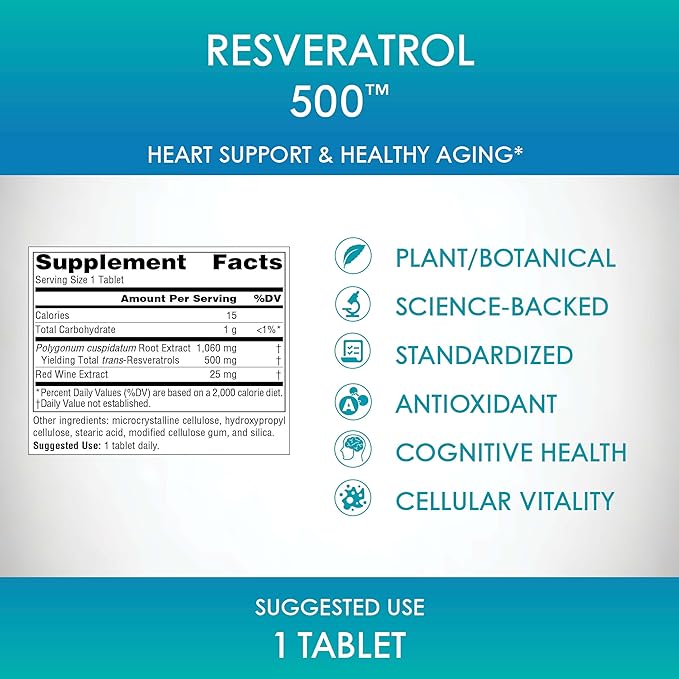 Source Naturals Resveratrol 500, Heart Support & Healthy Aging*, 500 mg - 120 Tablets