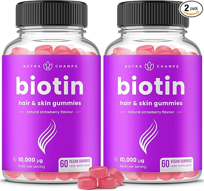 NutraChamps (2 Pack) Biotin Gummies 10,000mcg [High Potency] for Healthy Hair, Skin & Nails for Adults & Kids - 5000mcg in Each Gummy Vitamin - Vegan, Non-GMO, Pectin-Based Hair Health Supplement