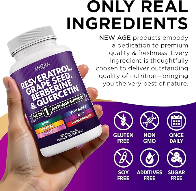 NEW AGE Resveratrol, Berberine, Grape Seed Extract, Quercetin, Supplement for Women and Men with Noni, N-Acetyl Cysteine, Acai - 120 Capsules