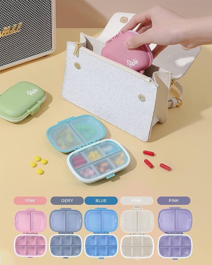 Holii Travel Pill Organizer, 8 Compartments Portable Pill Case, Daily Pill Box to Hold Vitamins, Small Pill Container for Pocket Purse Medicine Organizer（Blue）