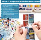 3 Pack 14 Grids Travel Pill Organizer Box with 415-Pcs Medicine Name Labels - Pocket Daily Pharmacy Case Container Kit - Travel Medication Holder Dispenser for Fish Oil Vitamin Supplement Storage