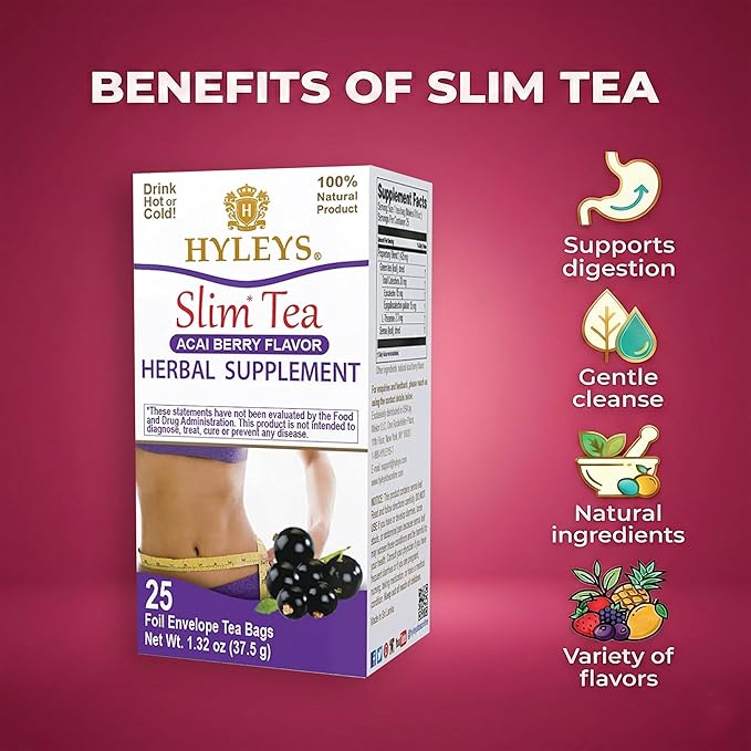 Hyleys Slim Tea Acai Berry Flavor - Weight Loss Herbal Supplement Cleanse and Detox - 25 Tea Bags (6 Pack)