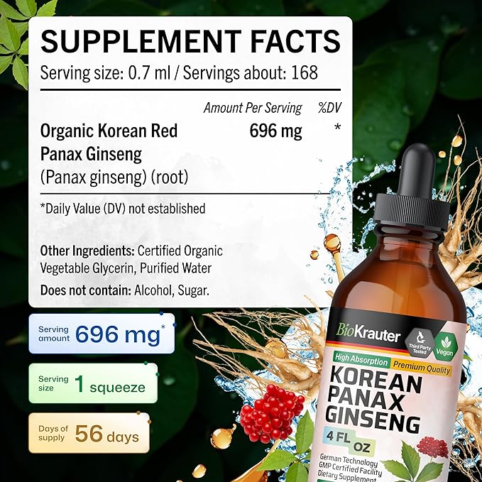 BIO KRAUTER® Ginseng Supplement - Pure Vegan Liquid Drops Korean Red Ginseng 696 mg per Serving 4 Fl.Oz 56-Day Supply - Used for Energy, Focus, Performance & Immune Support - Alcohol & Sugar Free