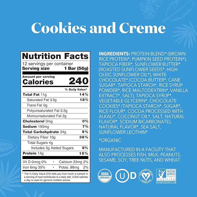 ALOHA Organic Plant Based Protein Bars - Cookies and Creme - 12 Bars, Vegan, Low Sugar, Gluten-Free, Paleo, Low Carb, Non-GMO, No Stevia, No Erythritol