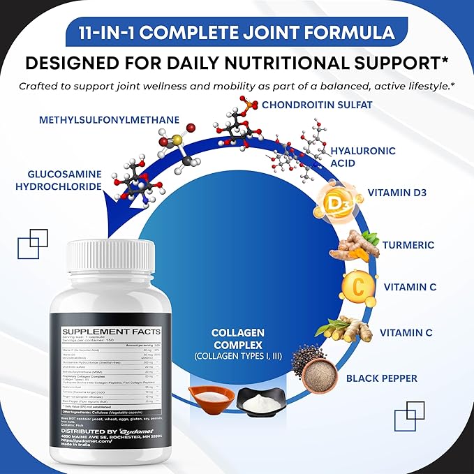Glucosamine Chondroitin sulfate Methylsulfonylmethane Hyaluronic Acid Turmeric Ginger Vitamin C, D3, Black Pepper -150 Capsules