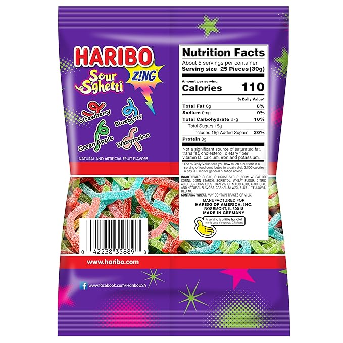 HARIBO Gummi Candy, Z!NG Sour S’ghetti, Sour Gummy Candy, 5 Ounce Bag (Pack of 12) Delicious Soft & Chewy Snacks, Assorted Fruity Flavors