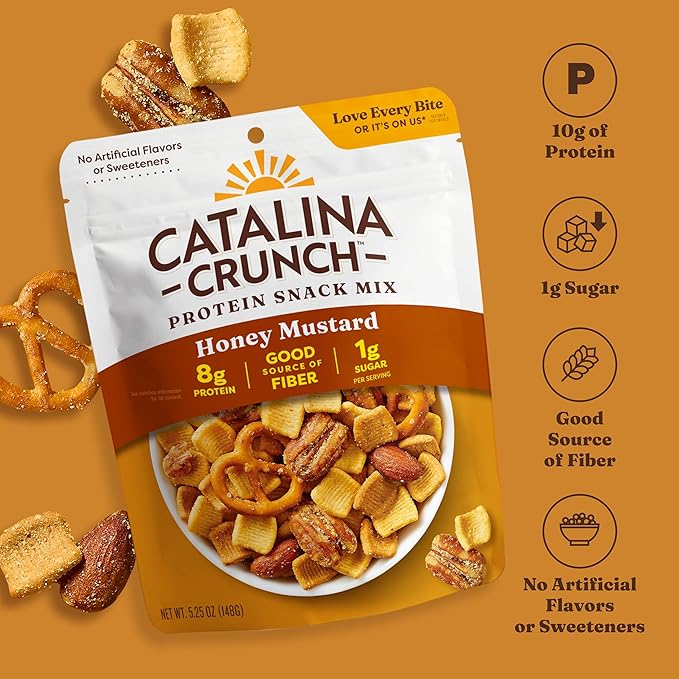 Catalina Crunch Protein Snack Mix | 8g Protein, 1g Sugar per Serving | Good Source of Fiber, Keto, Gluten Free | Honey Mustard, 5.25 Ounce Bag (Pack of 5) - Packaging May Vary