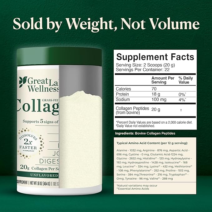 Great Lakes Wellness Collagen Peptides Powder – Supports Skin, Hair, Nails, Joints & Digestion – Hydrolyzed, Quick Dissolve, Non-GMO, Keto & Kosher – Pure Collagen Protein (16 oz, 22 Servings)