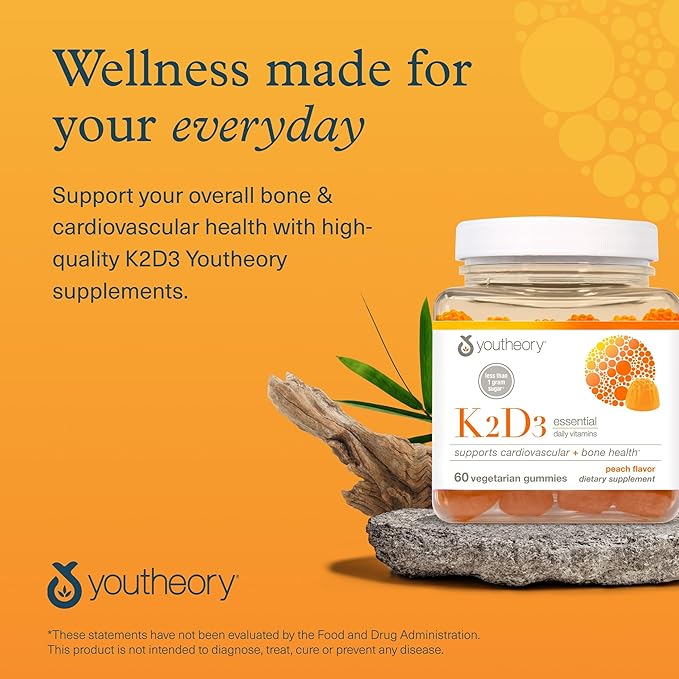 Youtheory K2D3 - Bone & Heart Health Support* - Combines Vitamin D3 & Vitamin K2 - Dairy, Soy & Gluten Free - Peach, 60 Vegetarian Gummies