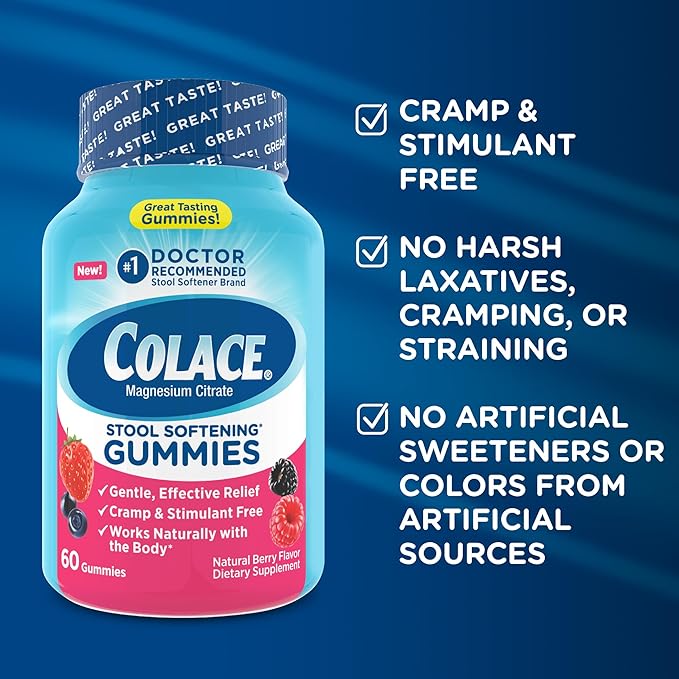Colace Stool Softener Gummies, Gentle Dependable Constipation Relief Magnesium Citrate Gummies, No.1 Doctor Recommended Stool Softener Brand, Berry Flavored 60ct