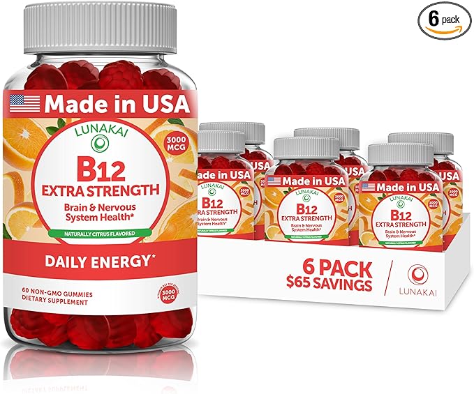 Lunakai Extra Strength 3000mcg Vitamin B12 Gummies - USA Made, Delicious Daily Energy & Metabolism Support - Vegan B12 Methylcobalamin Supplement 60ct, 6 Pack