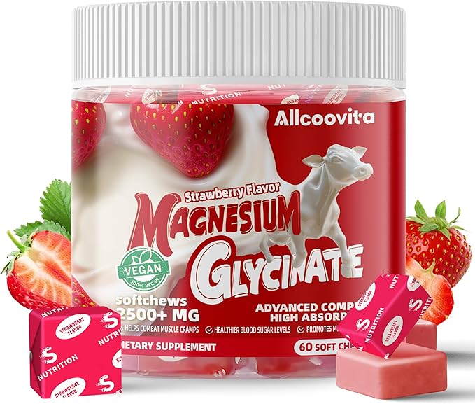Magnesium Glycinate Soft Chews, Strawberry Flavor.Chewable Sugar Free Potassium Magnesium Chews with Magnesium Glycinate, Vitamin D, B6, and CoQ10 for Calm Support & Sleep for Adults, 60 Days Supply