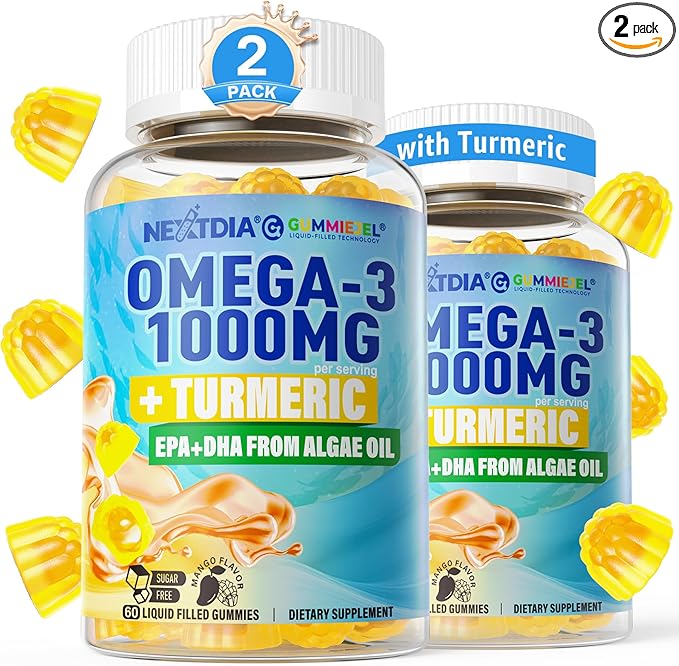 Vegan Omega-3 Gummies 1000mg + Turmeric - Omega 3 Fish Oil Alternative for Adults - Algae DHA 600mg & EPA 300mg, Vitamins A, C, E, Zinc & MSM, Sugar Free, 120 Cts