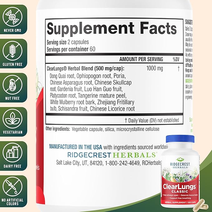 RidgeCrest Herbals ClearLungs Classic, Daily Health Supplement, Natural Lung and Nasal Wellness Formula for Bronchial, Respiratory, Immune, Sinus, and Mucus Support (120 Vegan Caps, 60 Serv)