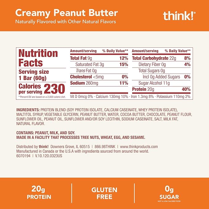 think! Protein Bars, High Protein Snacks, Gluten Free, Kosher Friendly, Creamy Peanut Butter, Nutrition Bars, 2.1 Oz per Bar, 30 Count (Packaging May Vary)