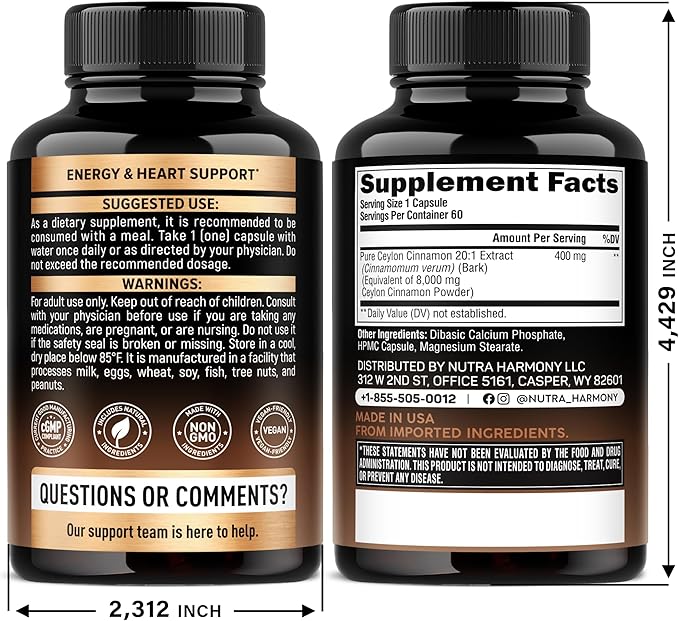 Ceylon Cinnamon Capsules - Extra Strength - Energy Heart & Metabolism Support for Men & Women - Pure Natural Cinnamon 20:1 Extract Supplement - GMO & Gluten Free - Made in USA - 60 Capsules 2 Month