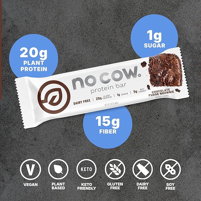 No Cow Vegan Protein Bars, Upgraded Chocolate Fudge Brownie | 20g Plant Based Protein, Gluten Free, Dairy Free, Soy Free, Keto Friendly, Low Sugar, High Fiber Snack Bars | Pack of 12
