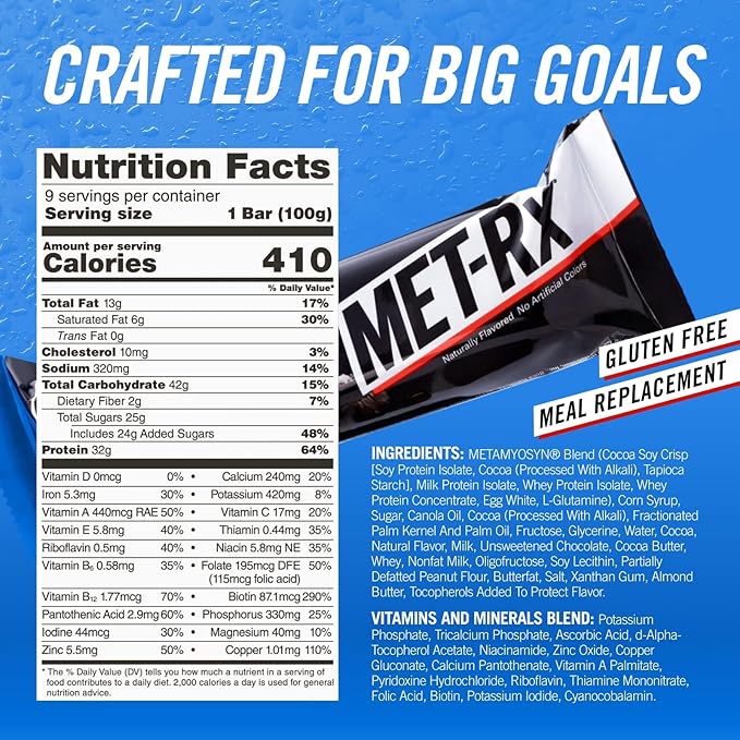 MET-Rx Big 100 Protein Bar, Meal Replacement Bar, 32G Protein, Super Cookie Crunch, 3.52 Oz (Pack of 9)