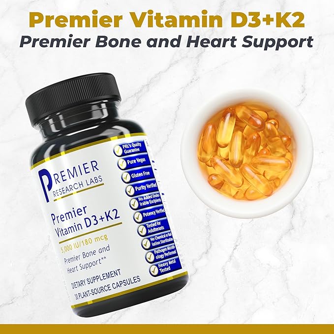 Premier Research Labs: Vitamin D3 + K2 Supplements - for Bone Support and Promotes Heart Health, Gluten-Free - 5000 IU Vegan Supplements - Tested Quality | 30 Plant-Source Based Capsules