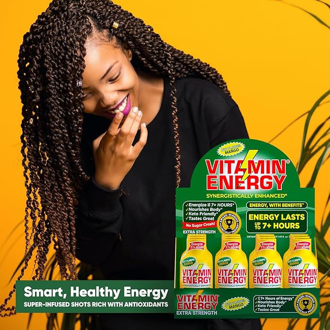 Vitamin Energy B12 11,000% Extra Strength Energy Shot Mango 48 Pack, 260mg Natural Caffeine, B12 & B6, Nootropic Focus, Vitality, Zero Sugar, Gluten-Free, Vegan, Kosher, 1.93 fl oz
