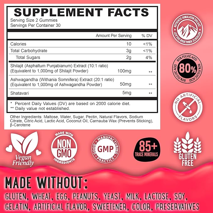 OH MY CHEWY Pure Himalayan Shilajit Gummies - High Potency Gold Grade Resin - Energy Boost and Immune Support for Men and Women with Ashwagandha and Shatavari - 60 Gummy - Strawberry & Banana