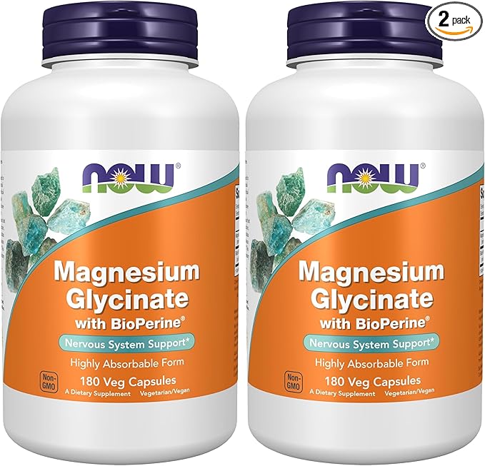 Now Supplements, Magnesium Glycinate with BioPerine, 180 Veg Capsules,(Pack of 2)