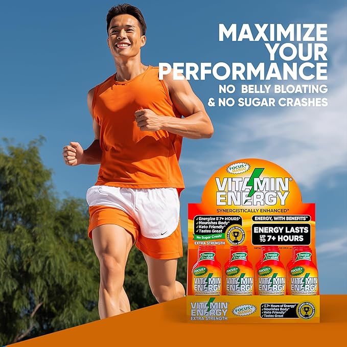 Vitamin Energy Focus+ Extra Strength Energy Shot Mango 24 Pack, 260mg Natural Caffeine, B-Vitamins, CoQ10, Amino Acids, Focus, Productivity & Clarity, Zero Sugar, Gluten-Free, 1.93 fl oz