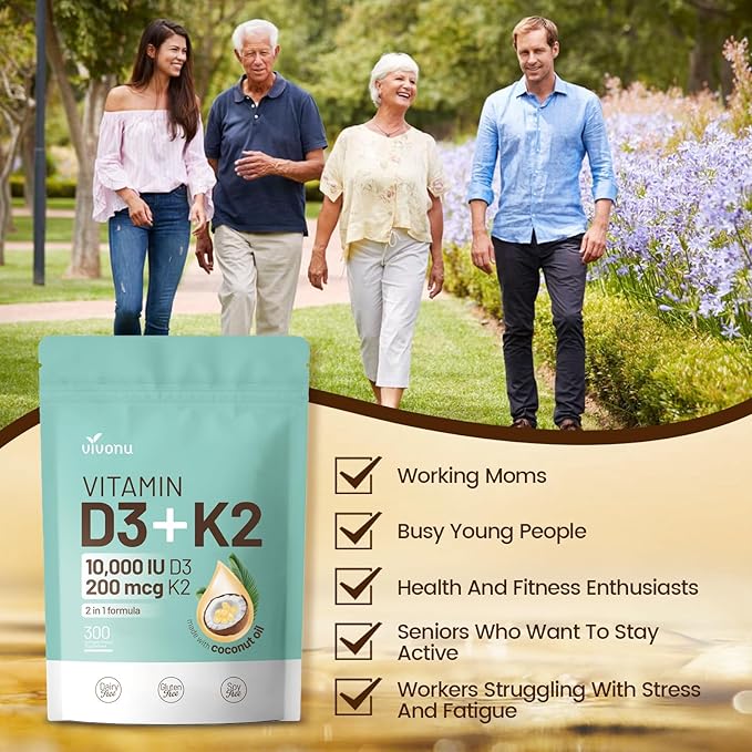 VivoNu Vitamin D3 K2 10000 IU with MK7-300 Virgin Coconut Oil Softgels, 2 in 1 Vitamins D & K Complex | Vitamina D3 con K2 ((1Bag)