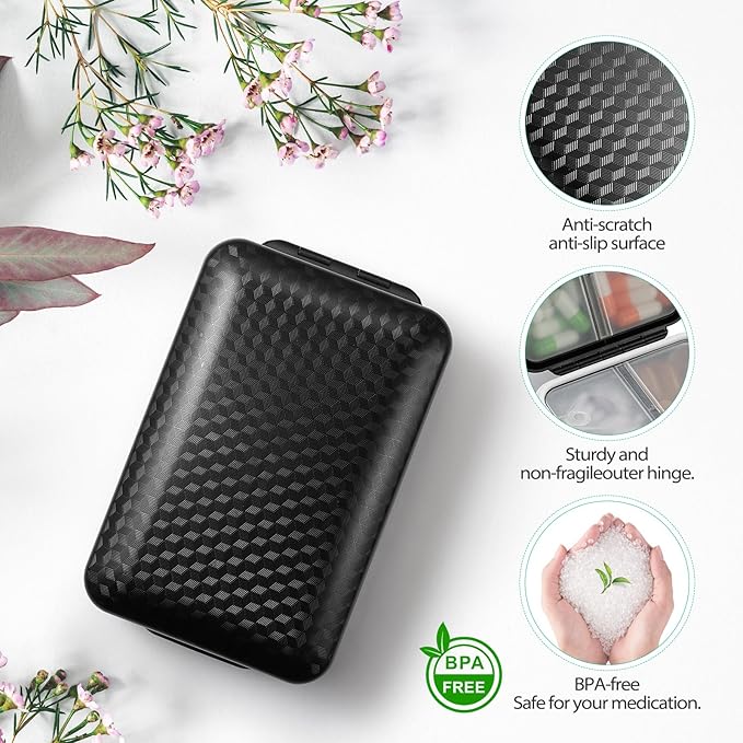 Travel Pill Organizer, Pill Organizer Travel with Labels and Storage Bag, 8 GRIDS Large Travel Pill Box, Moisture-Proof Airtight Daily Pill Case for Vitamin, Medicine, Fish Oil/Supplements, Black