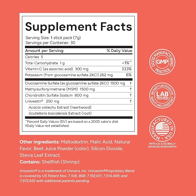 Glucosamine, Chondroitin, MSM with Univestin | Joint Support Powder Drink Mix for Mobility & Flexibility | Raspberry Flavor | 30-Day Supply (7g x 30 Sticks)