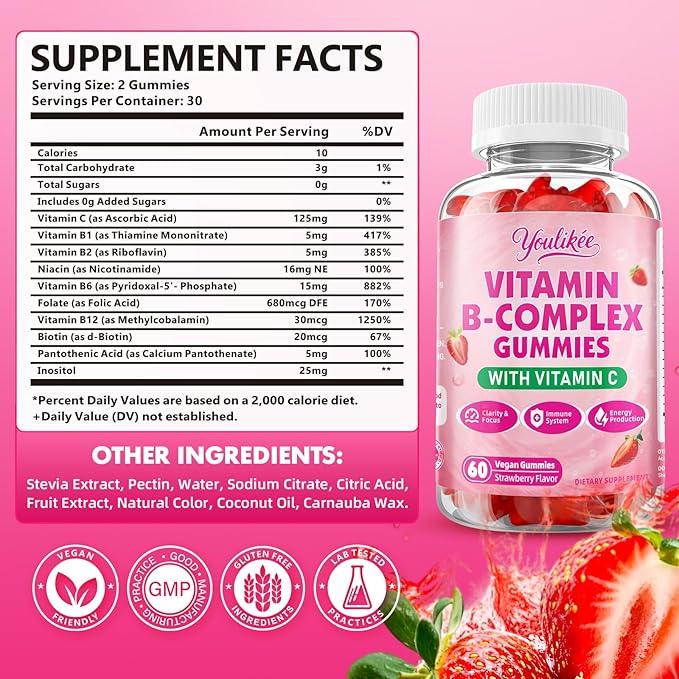 Vitamin B-Complex Gummies for Women & Men, Methyl B12, B1, B2, B3, B5, B6, B7 & B9 - Vitamin B Complex with Vitamin C Supports Energy & Immune Function, Strawberry Flavor, 60 Count