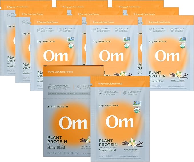 OM MUSHROOM SUPERFOOD Master Blend Vegan Protein – Organic Vanilla Plant Protein with 10 Mushrooms, Ashwagandha, BCAAs & B12 – Energy, Recovery & Immune Support – 10 Single Serves