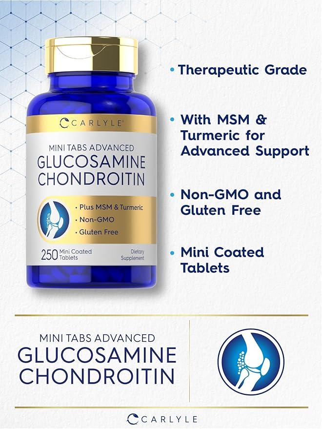 Carlyle Glucosamine Chondroitin MSM | 250 Mini Tablets | Advanced Formula with Turmeric | Non-GMO, Gluten Free