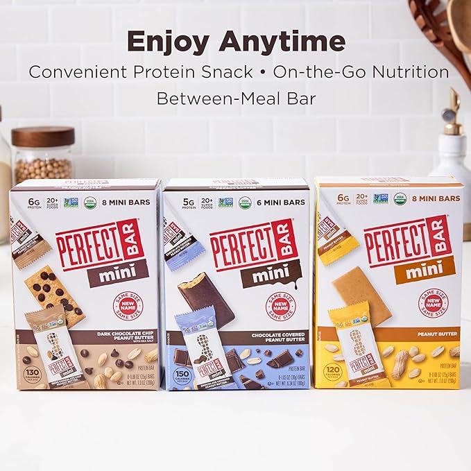 Perfect Bar Mini, Dark Chocolate Chip Peanut Butter Protein Bar, Protein Snack, Snack Bar, Organic, Gluten Free, Soy Free, Non GMO, No Sugar Alcohols, .88 Ounce Bar, 24 Count