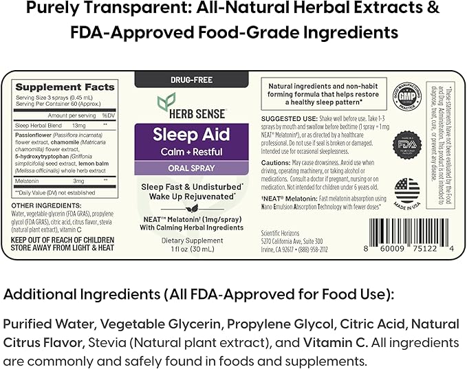 Sleep Aid, Liquid Melatonin, Natural Herbs, Calm, Restful, Oral Spray,1 oz, Drug-Free, 60 Servings