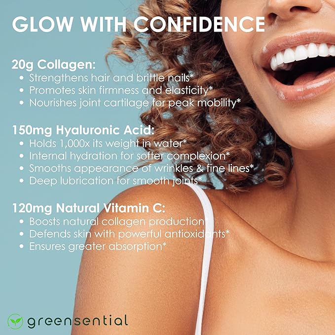 Greensential Collagen Peptides Plus Powder 21oz | + Acerola Vitamin C & Hyaluronic Acid | 100% Hydrolyzed Grass-Fed | Hair, Skin, Nail & Joint Support | Easy to Mix, Unflavored, 28 Servings
