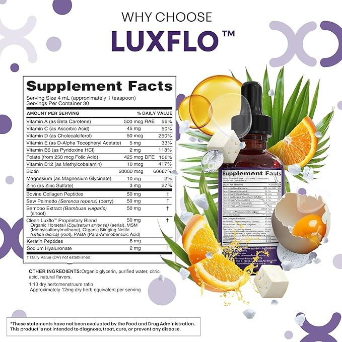 Biotin Liquid Drops Collagen Keratin Hyaluronic Acid Saw Palmetto for Hair Skin and Nails Silica Vitamin A C Vitamin D Bamboo Turmeric Zinc Folate Magnesium Horsetail LuxGlo By Clean Nutra - 2Pack