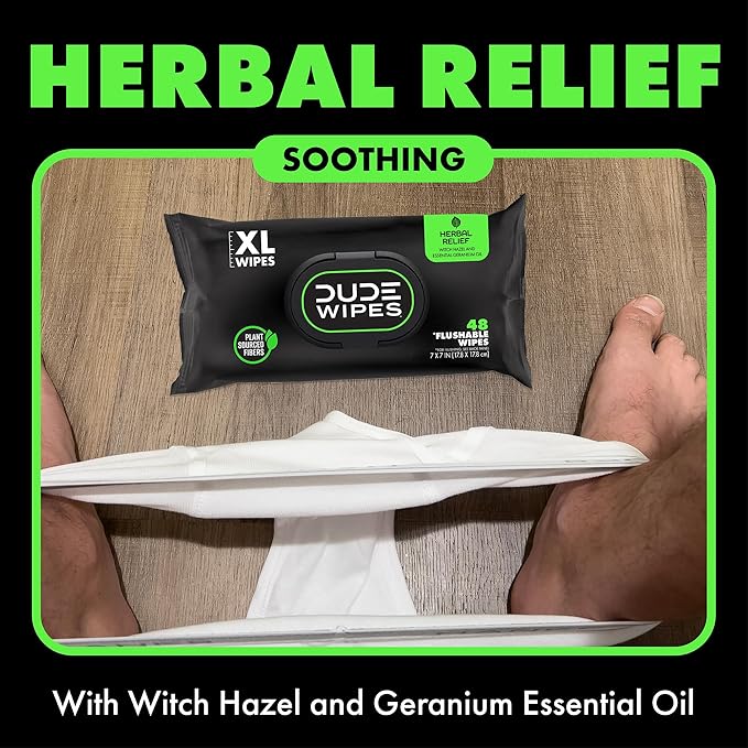 DUDE Wipes Herbal Relief Flushable Wipes - Extra-Large Adult Wet Wipes - 3 Pack (144 Count) - Infused with Soothing Witch Hazel, Geranium Essential Oils, Vitamin E, and Aloe - Septic and Sewer Safe