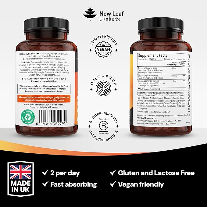 Turmeric Tablets with Black Pepper & Ginger - Curcumin - 180 Turmeric and Black Pepper Tablets (3 Month) High Strength Active Turmeric Supplements Not Capsules, by New Leaf