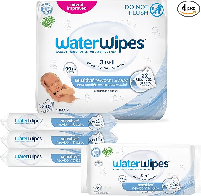 WaterWipes Sensitive+ Newborn & Baby Wipes, 3-In-1 Cleans, Cares, Protects, 99.9% Water, Unscented & Hypoallergenic, 240 Count (4 Packs)