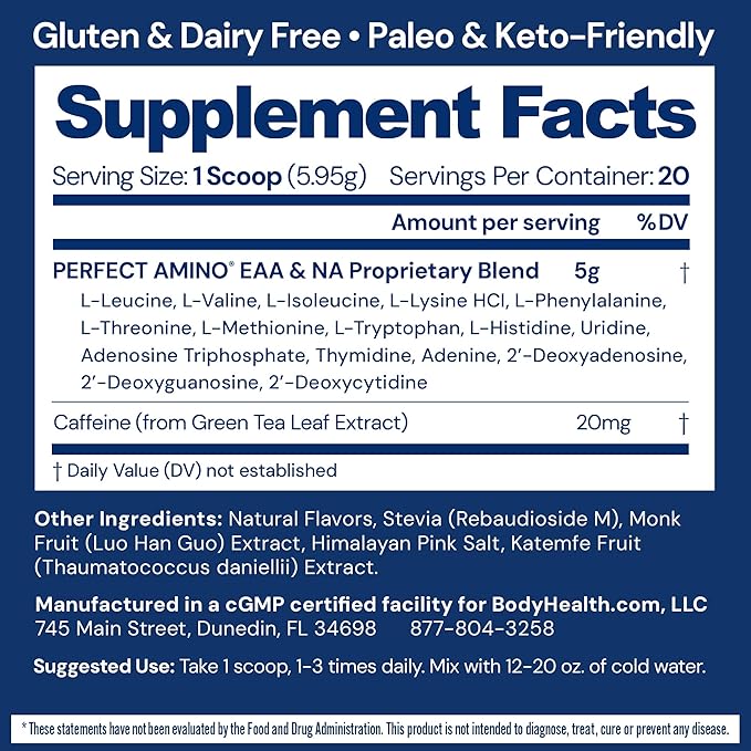 BodyHealth PerfectAmino - BCAA and EAA Powder for Pre and Post Workout - Amino Acid Energy Drink for Men and Women to Support Lean Muscle and Recovery - Mocha - 20 Servings