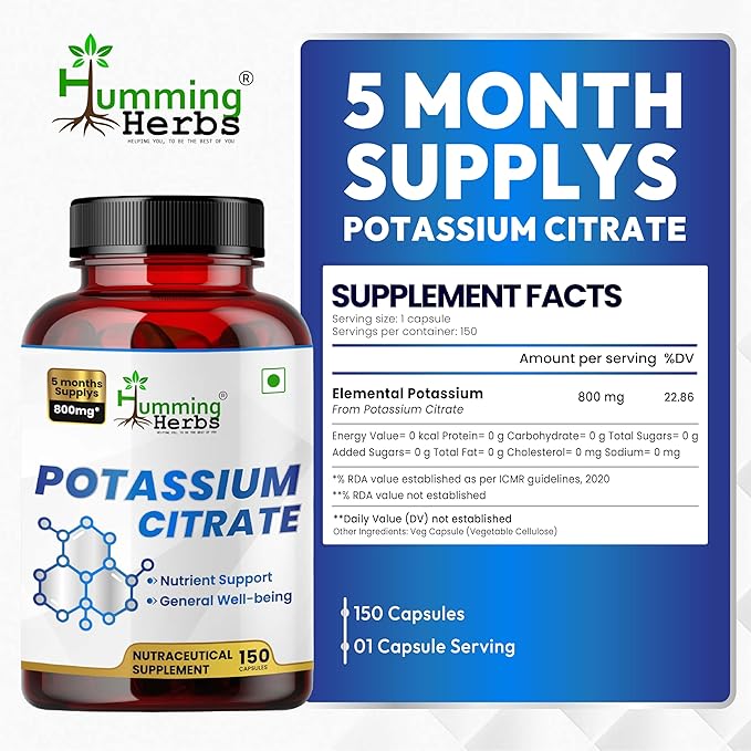 Potassium Citrate 800 mg (306 mg Elemental Potassium) – Electrolyte & pH Balance Support – Vegan, Non-GMO – 150 Capsules