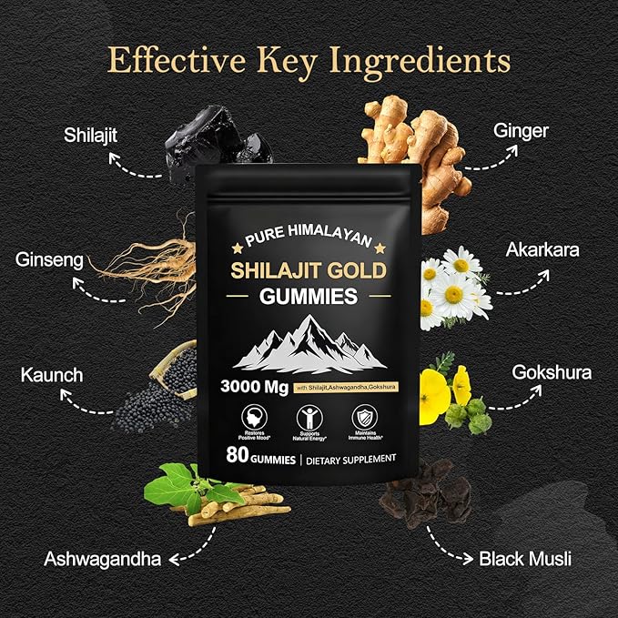 Shilajit Gummies for Men & Women, Natural Himalayan Shilajit Gummies Rich in Ashwagandha, Gokshura with 85+ Minerals, Non-GMO, 100% Pure & Natural, Energy Support & Overall Health, 80 Gummies
