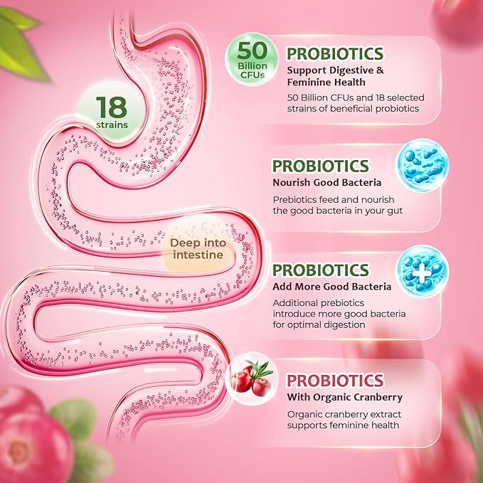 Women Probiotic Gummies for Women – Digestive & Feminine Balance Support, Gut Health, Debloat, with Prebiotics & Cranberry, Vegan, Gluten Free, Non-GMO – 60 Gummies