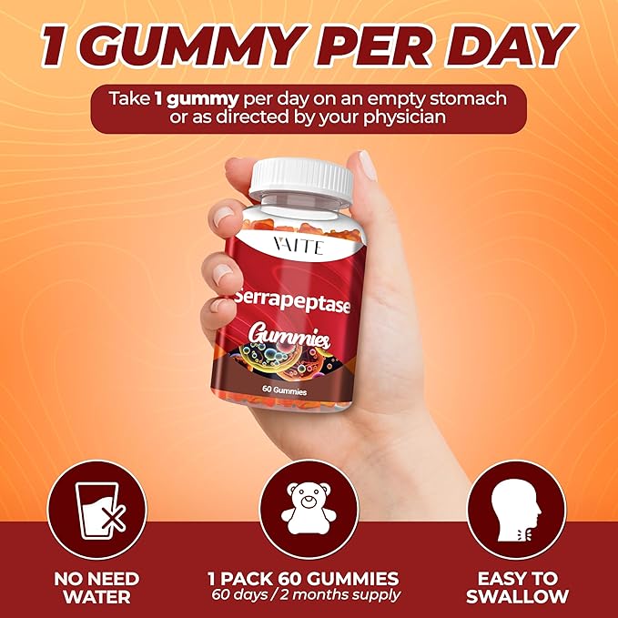 Serrapeptase Supplement 120,000 SPU – High Potency Proteolytic Enzyme, Non-GMO, Vegan, Gluten-Free, Supports Enzyme Activity & Digestion, Easy to Digest, 60 Gummies for Comfort & Support