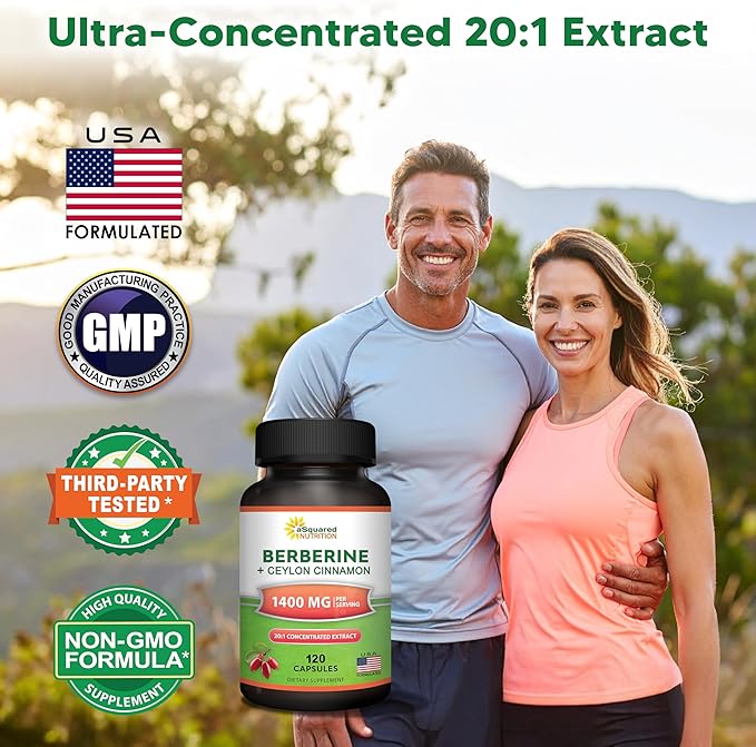 aSquared Nutrition Berberine with Ceylon Cinnamon Supplement - Max Strength Complex - 120 Capsules - Berberine HCl 1200mg Per Serving - Extract Plus Pills Alternative to Gummies & Drops (Pack of 2)