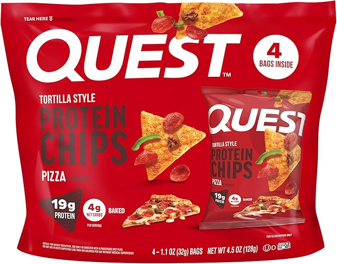 Quest Nutrition Pizza Tortilla Style Protein Chips, 19g Protein, 4g Net Carbs, High Protein Snack, Low Carb, Gluten Free, 1.01 oz bags, 4 Count
