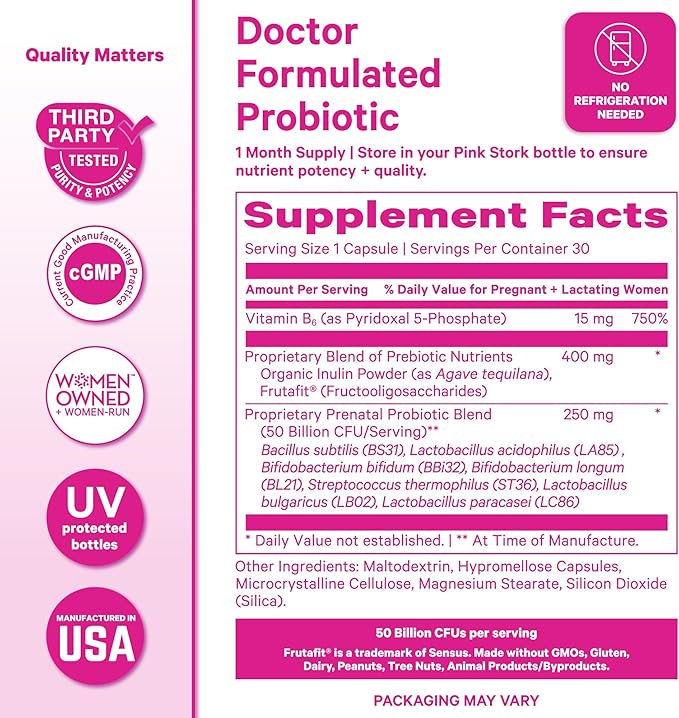 Pink Stork Prenatal Probiotic for Women | 50 Billion CFU | Vitamin B6, Prebiotics | Pregnancy Probiotics for Morning Sickness | Digestive, Immune, & Gut Health | Vegan, Gluten-Free | 30 Capsules, Mint