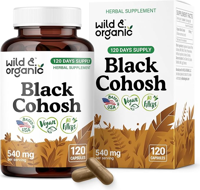 Wild & Organic Black Cohosh Capsules 540 mg - Menopause Supplements for Women - Black Cohosh Herb - 120 Days of Supply - Vegan, No Fillers, Non-GMO - 120 Count