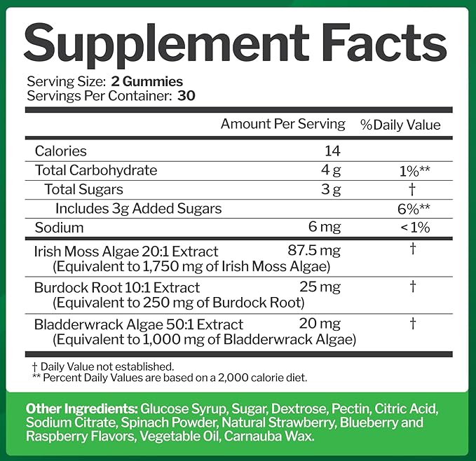Sea Moss Gummies with Bladderwrack and Burdock Root - Natural Irish Sea Moss Superfood for Immune, Thyroid and Detox Support - Extra Strength for Men & Women - Gluten-Free, Vegan - 60 Gummies